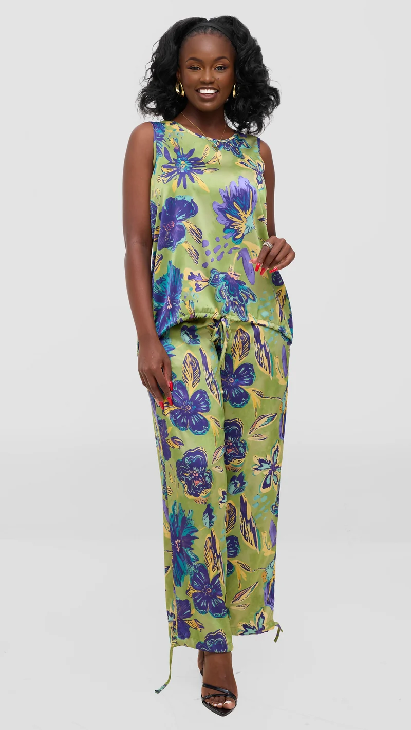 Vivo Liora Sleeveless Drawstring Top In Satin - Olive / Purple Print