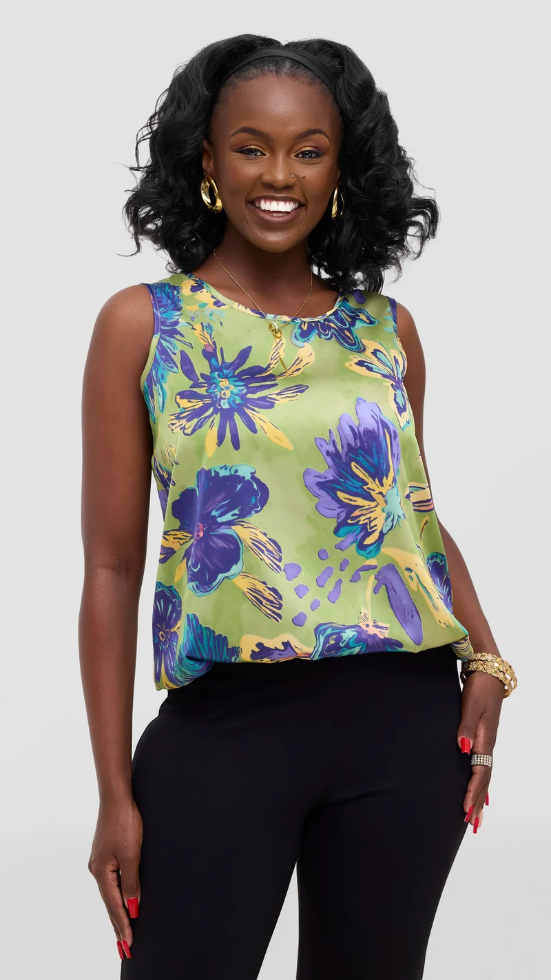 Vivo Liora Sleeveless Drawstring Top In Satin - Olive / Purple Print