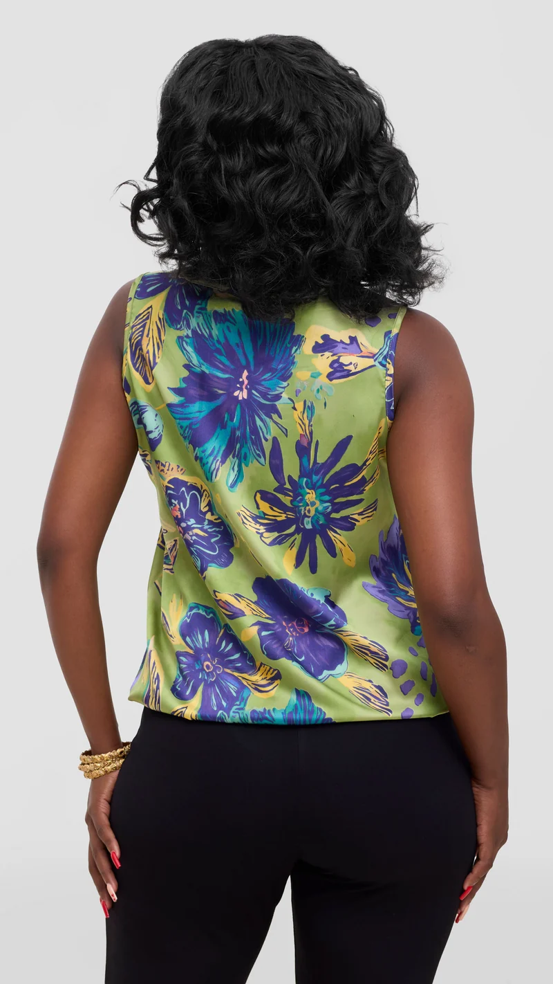 Vivo Liora Sleeveless Drawstring Top In Satin - Olive / Purple Print