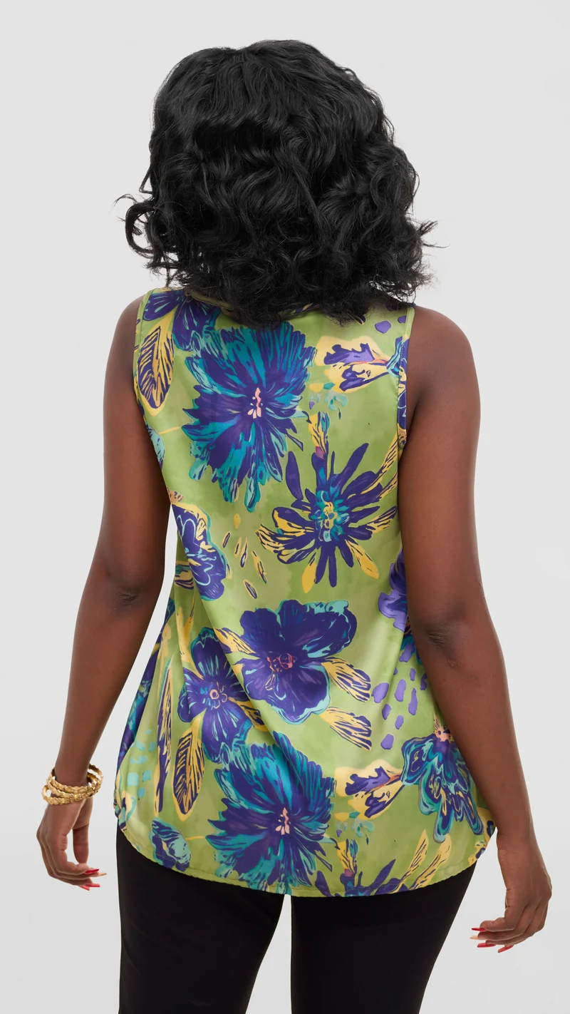 Vivo Liora Sleeveless Drawstring Top In Satin - Olive / Purple Print