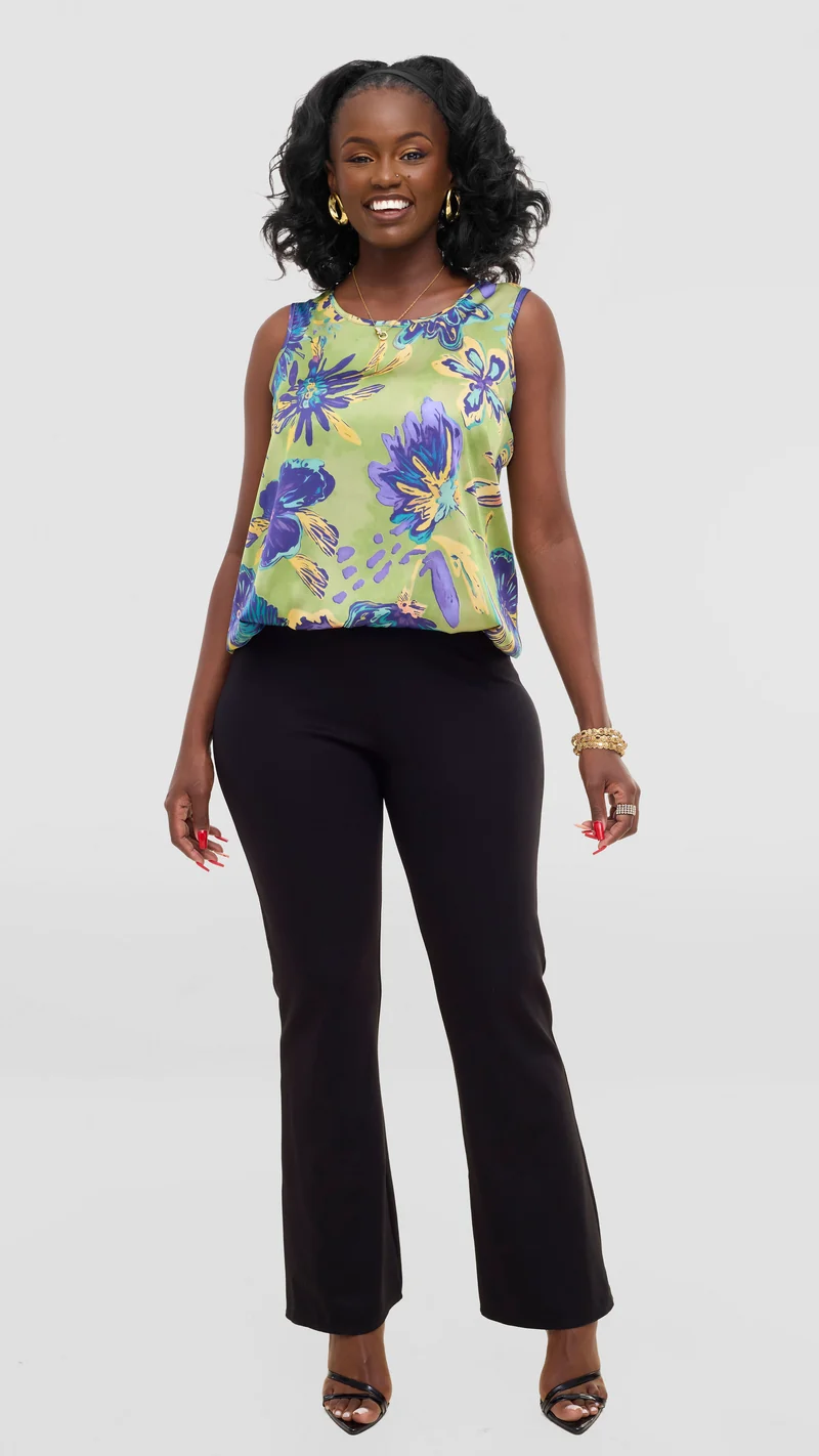 Vivo Liora Sleeveless Drawstring Top In Satin - Olive / Purple Print