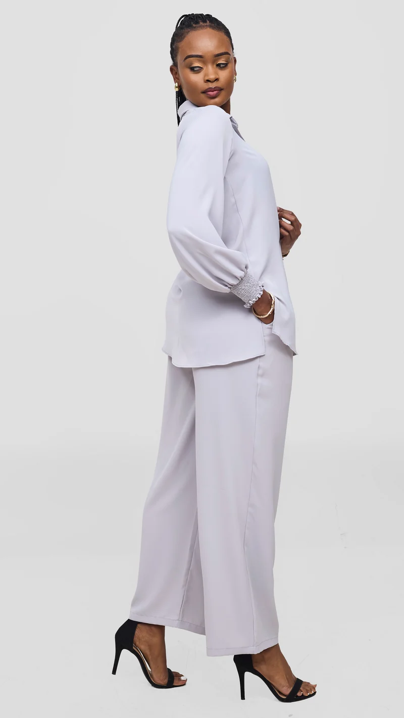 Vivo Wastani Shirred Sleeve Easy Fit Shirt - Light Grey