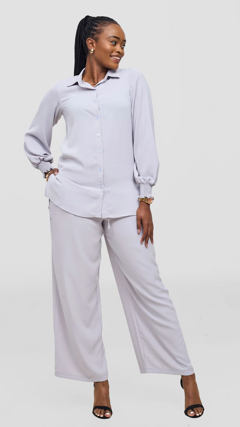 Vivo Wastani Shirred Sleeve Easy Fit Shirt - Light Grey