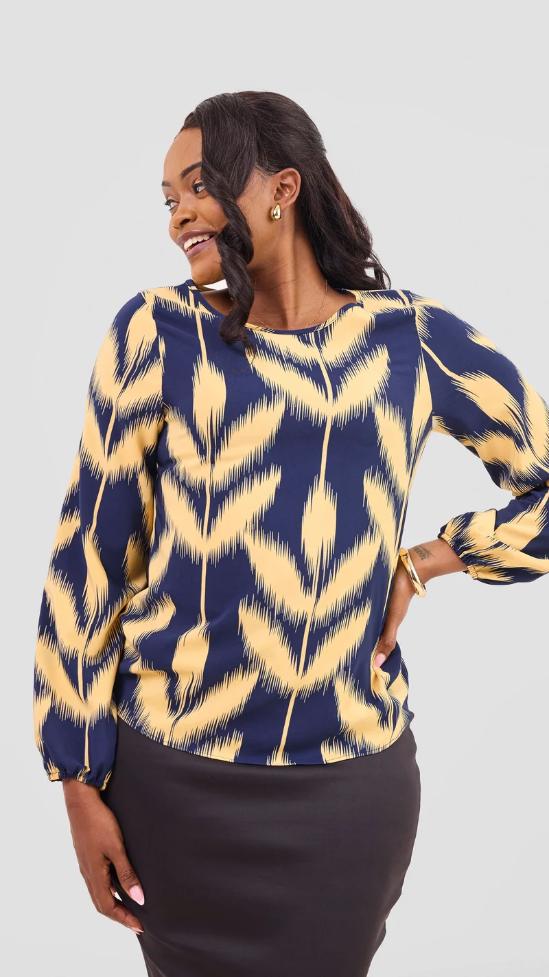 Vivo Basic Crepe Bishop Sleeve Top - Navy / Mustard Print
