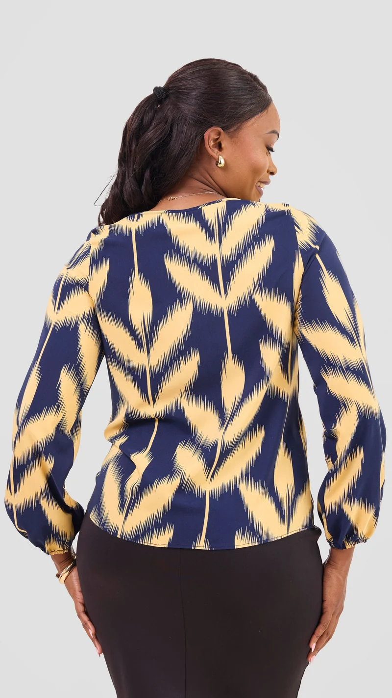Vivo Basic Crepe Bishop Sleeve Top - Navy / Mustard Print