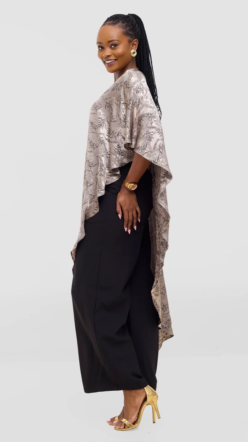 Vivo Liora Asymmetrical Kaftan Top in Satin - Olive Textured Print