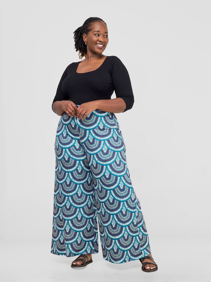 Vivo Nkasi Wide Leg Pants - Teal / Burgundy Kasi Print