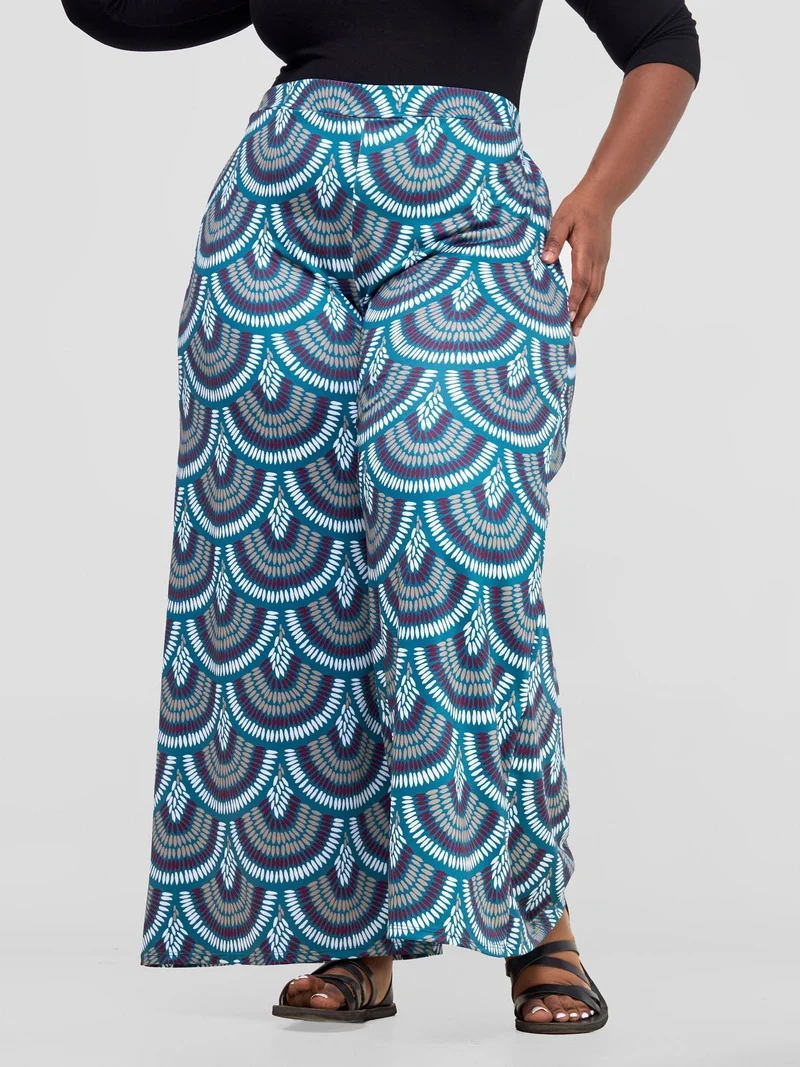 Vivo Nkasi Wide Leg Pants - Teal / Burgundy Kasi Print