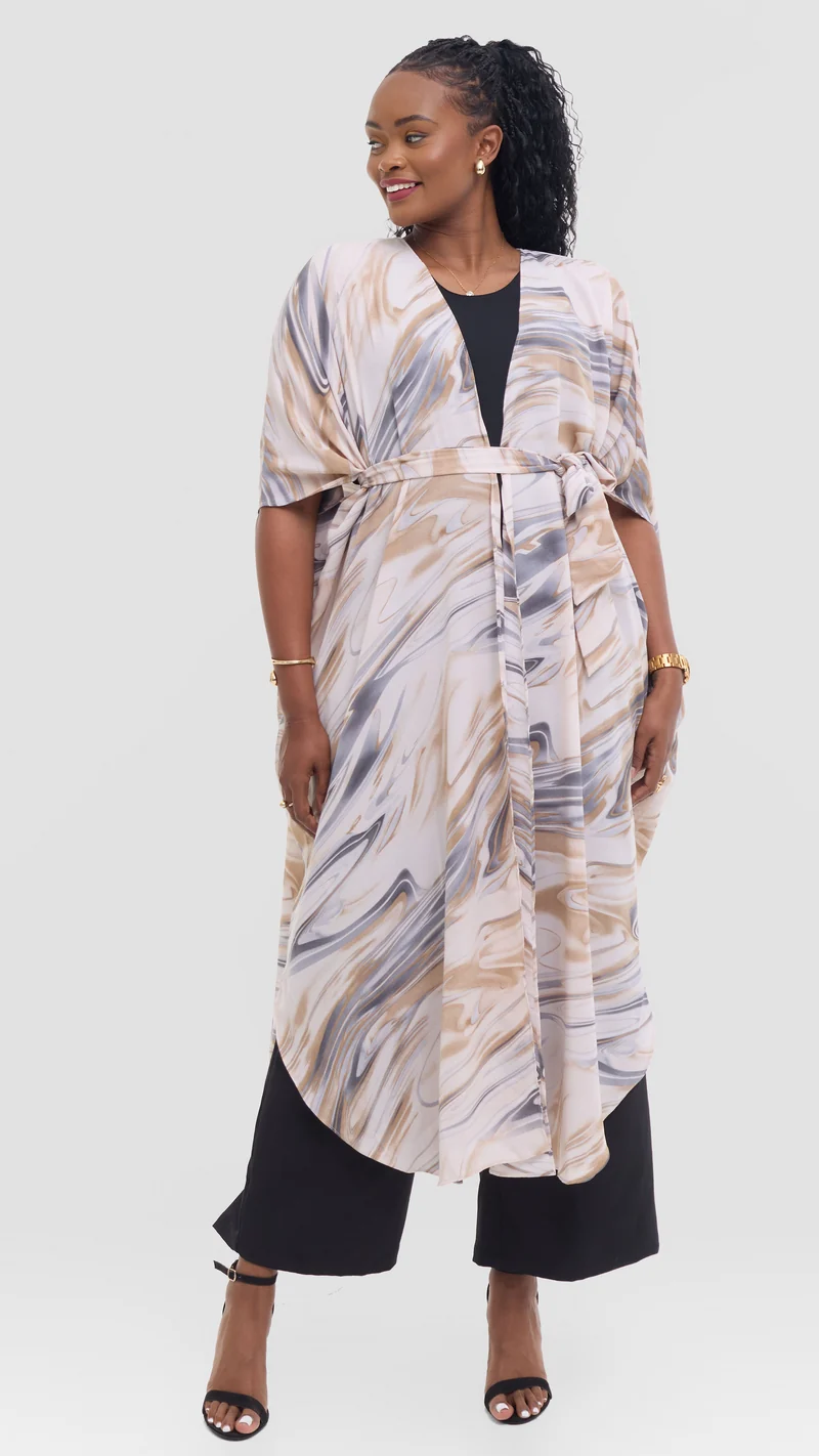 Vivo Scalloped Kimono in Crepe - Beige / Grey Print