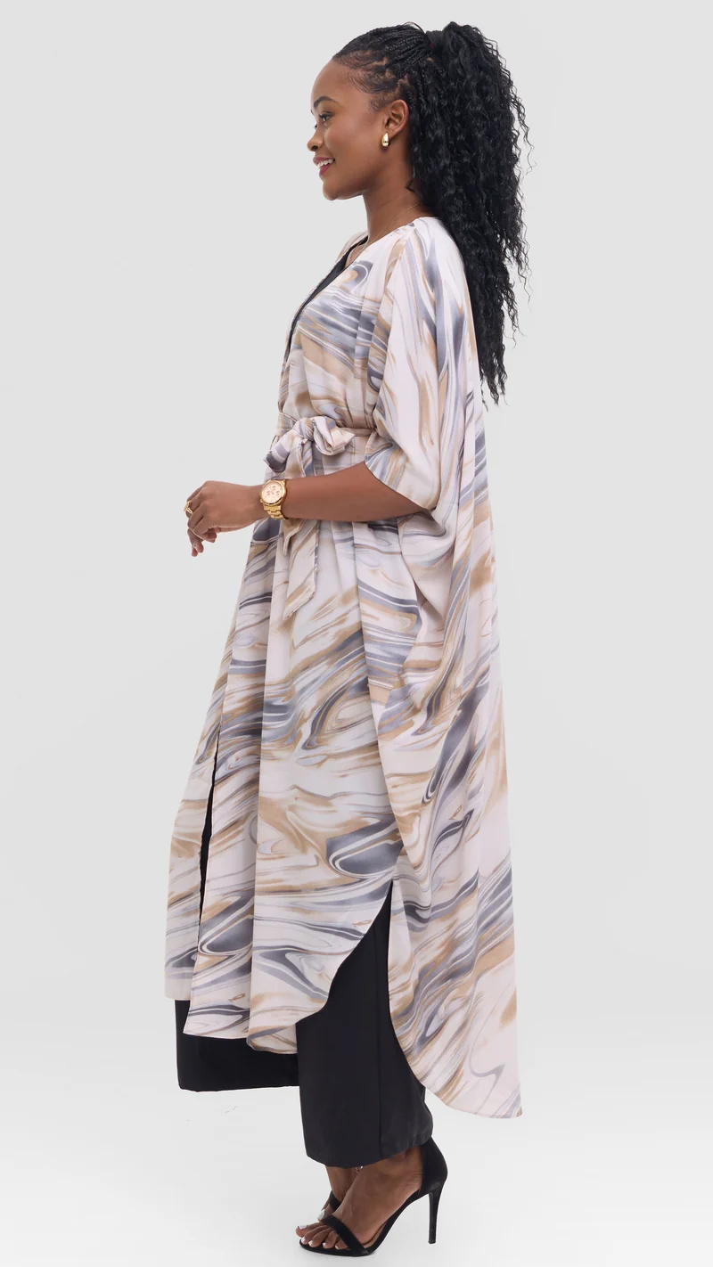 Vivo Scalloped Kimono in Crepe - Beige / Grey Print
