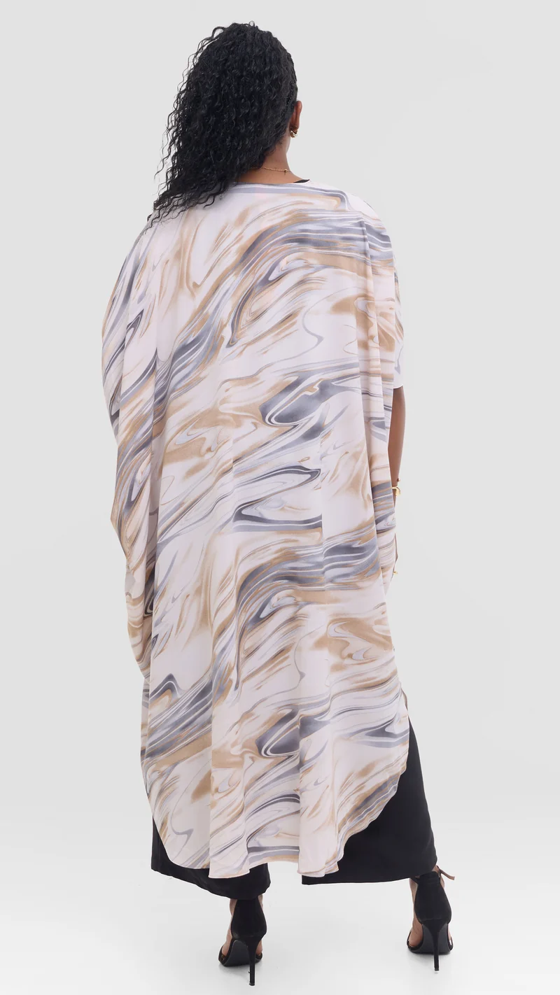 Vivo Scalloped Kimono in Crepe - Beige / Grey Print