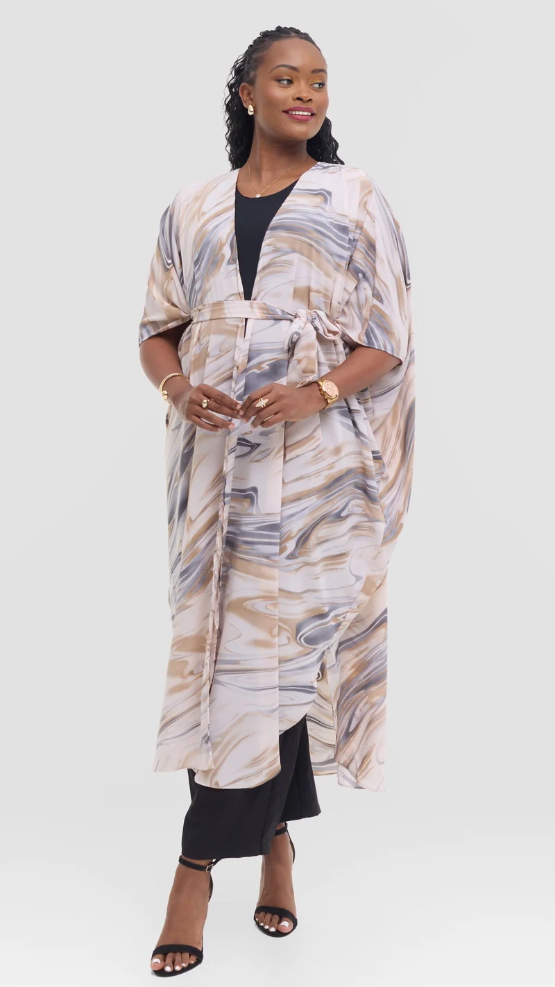 Vivo Scalloped Kimono in Crepe - Beige / Grey Print