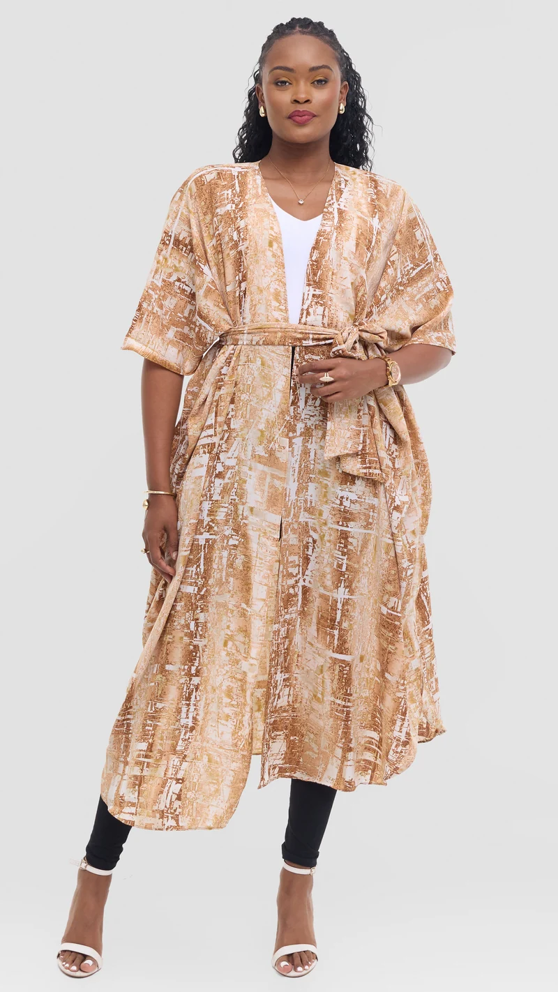 Vivo Scalloped Kimono in Crepe - Brown / Tan Print