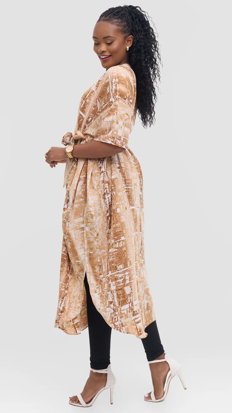 Vivo Scalloped Kimono in Crepe - Brown / Tan Print