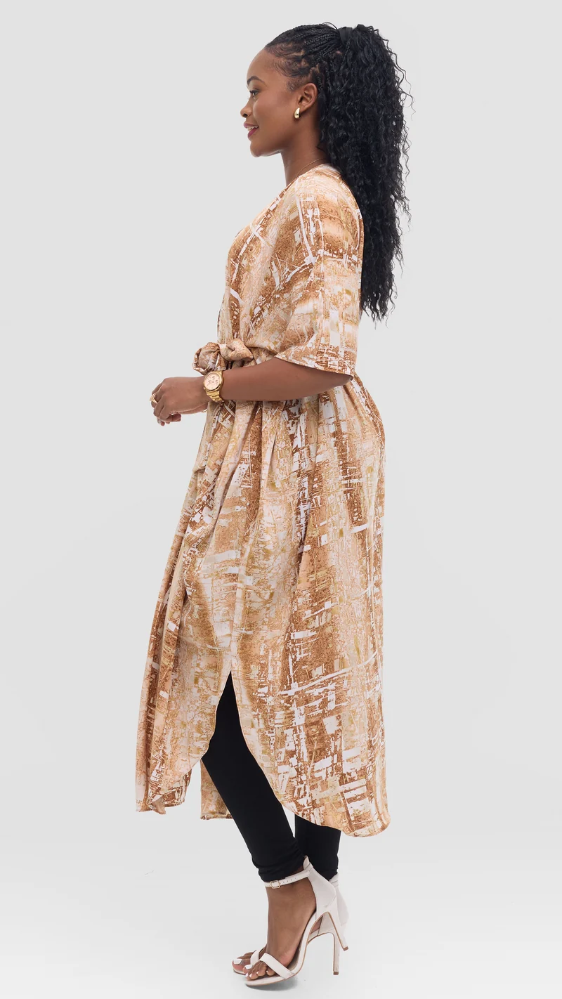 Vivo Scalloped Kimono in Crepe - Brown / Tan Print