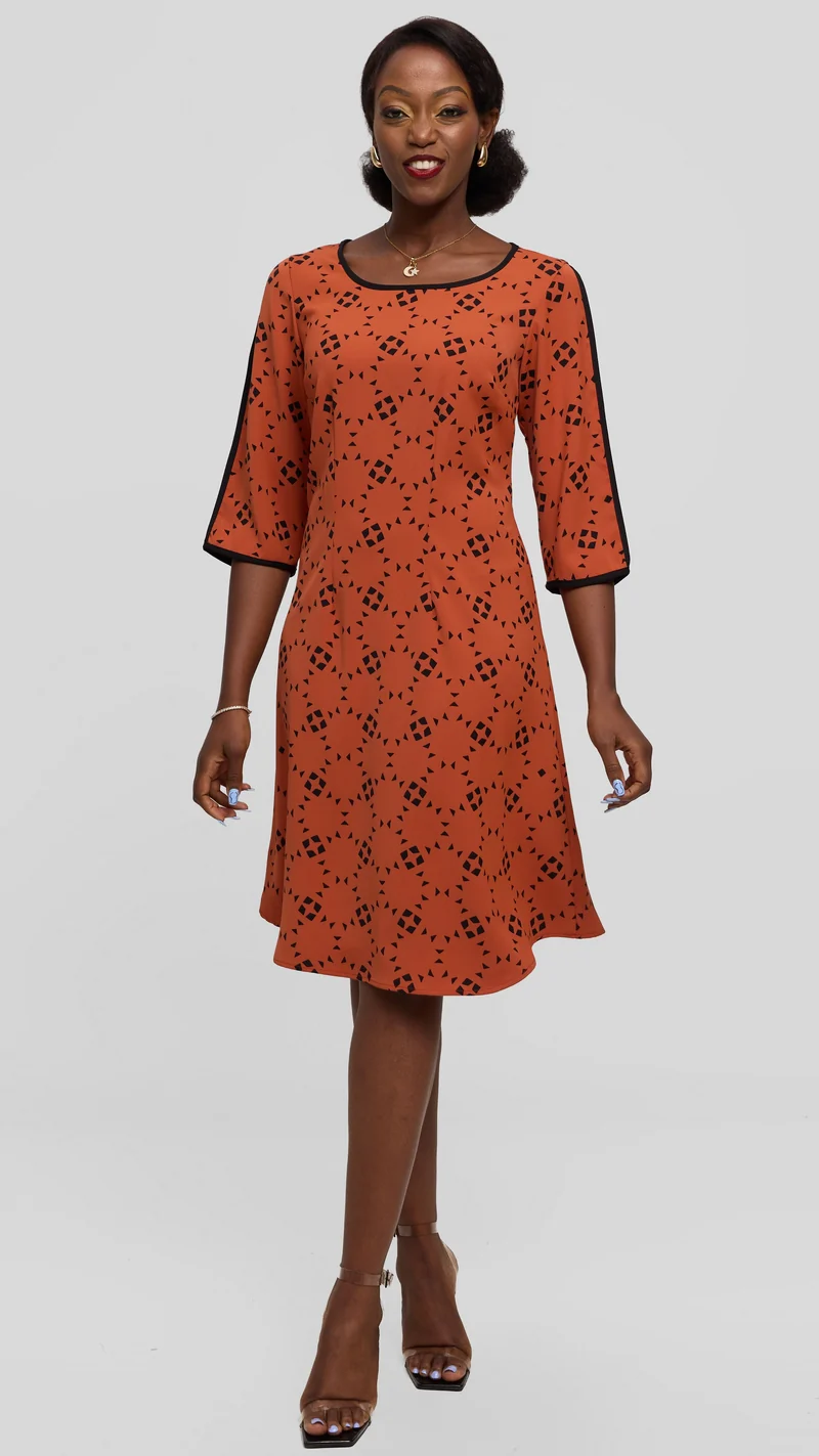 Vivo Pendo 3/4 Sleeve A Line Dress in Twill - Rust / Black Talo Print