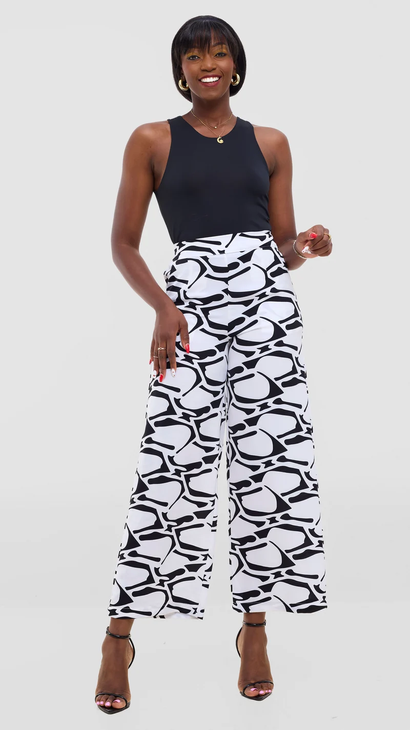 Vivo Maisha Straight Leg Pants In Crepe - White / Black Abstract Print