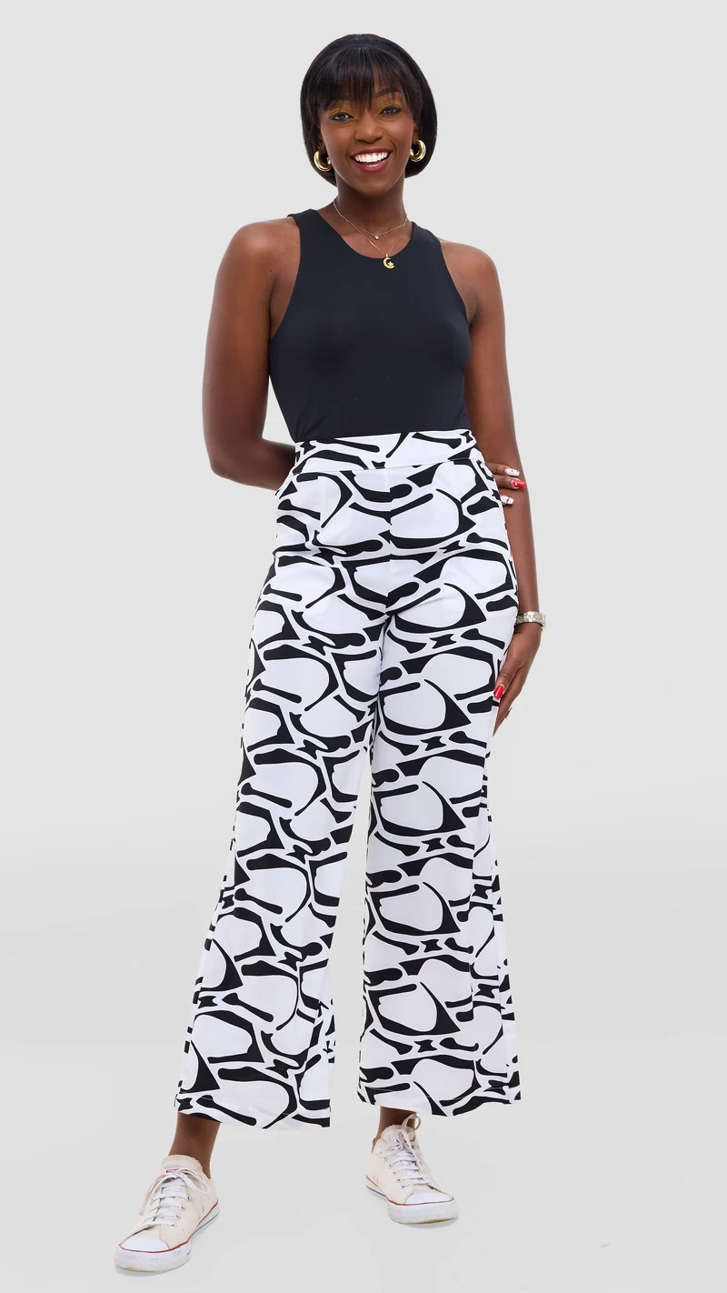 Vivo Maisha Straight Leg Pants In Crepe - White / Black Abstract Print