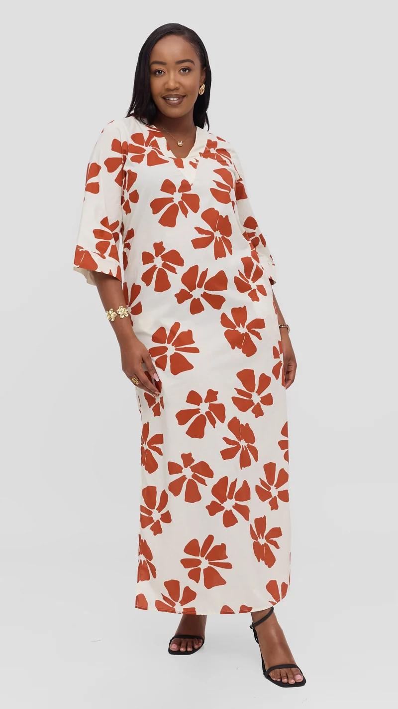 Vivo Lulu 3/4 Sleeve Maxi Dress in Cotton - Cream / Dark Rust Print