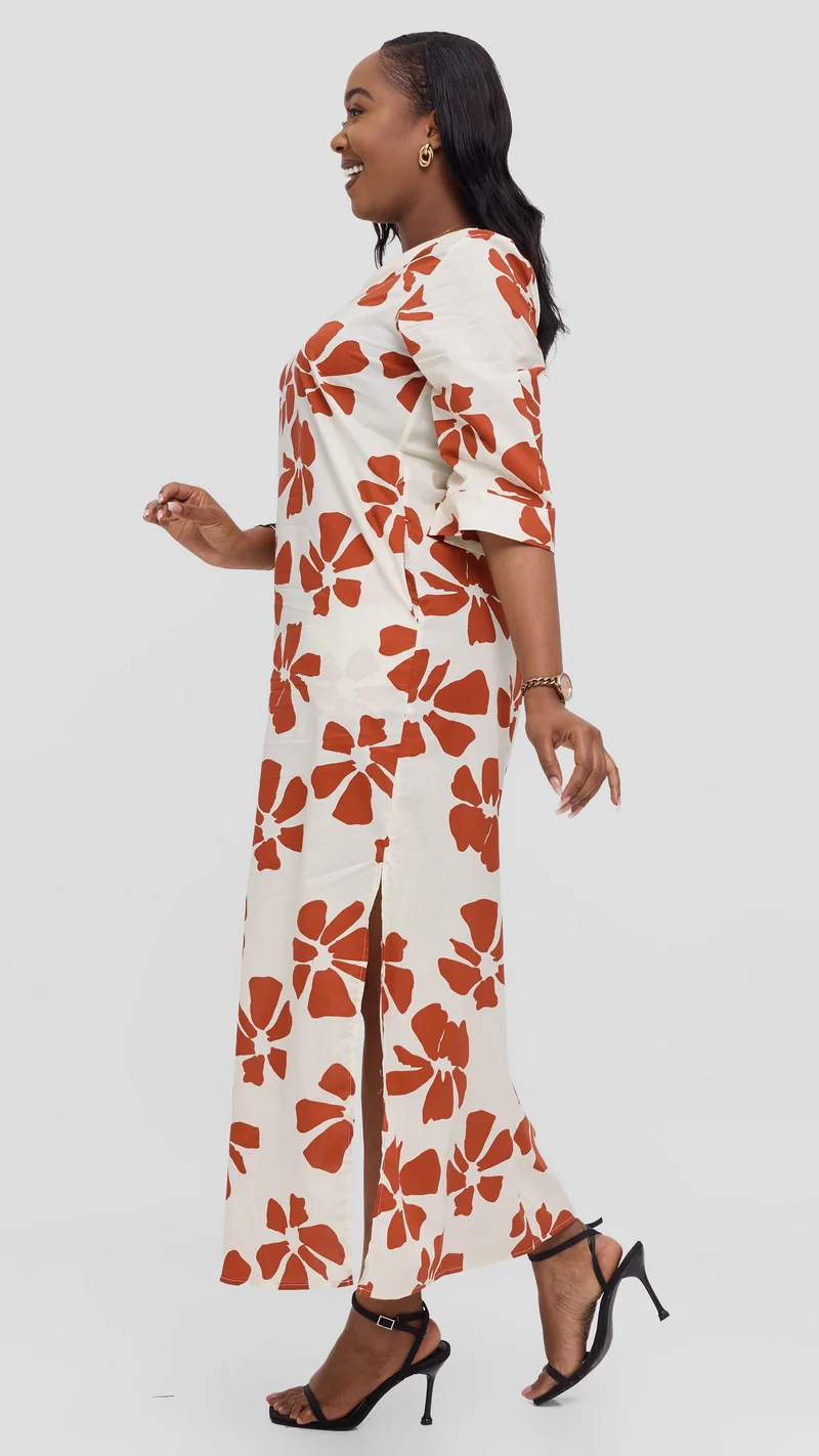 Vivo Lulu 3/4 Sleeve Maxi Dress in Cotton - Cream / Dark Rust Print