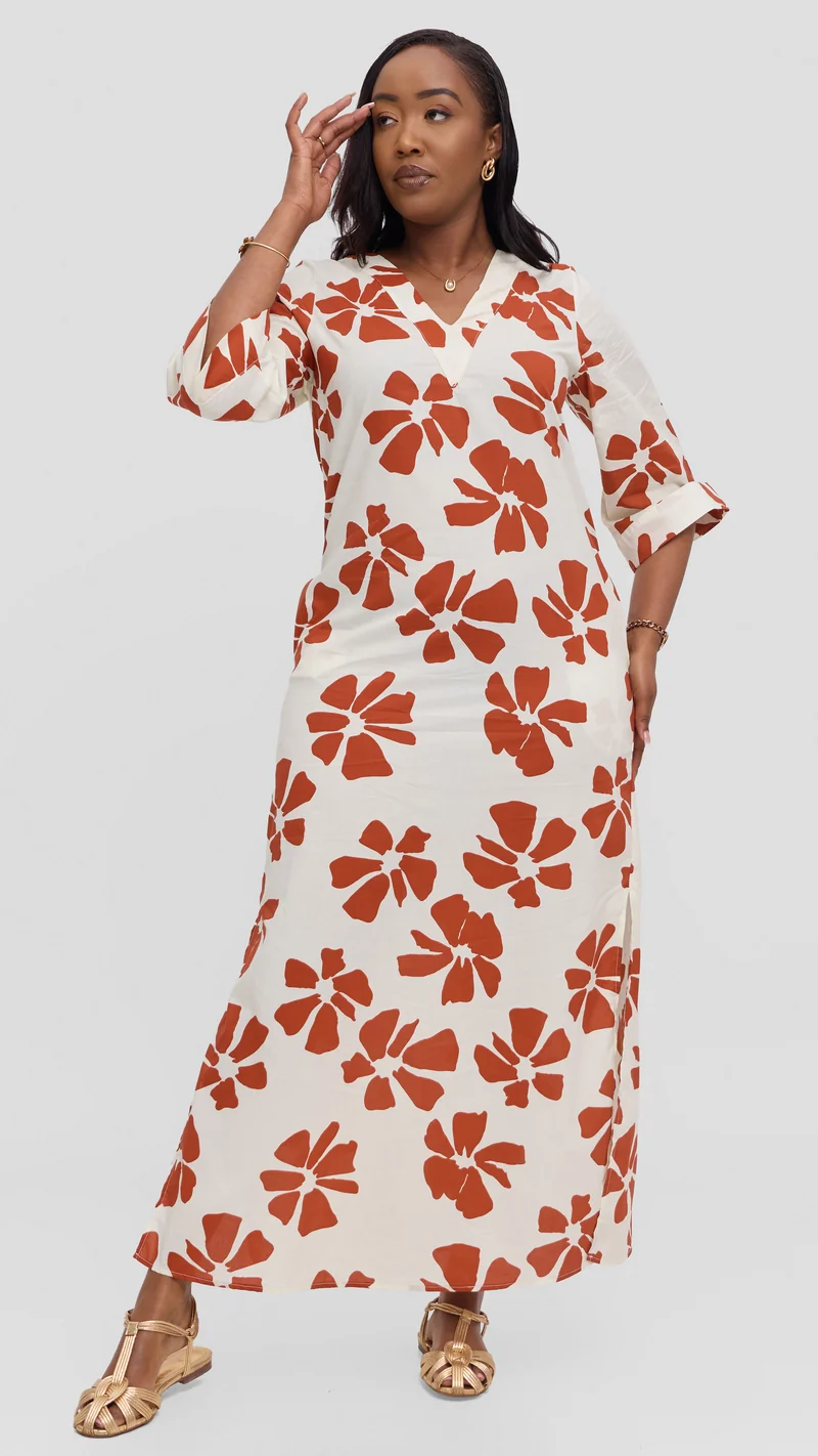 Vivo Lulu 3/4 Sleeve Maxi Dress in Cotton - Cream / Dark Rust Print