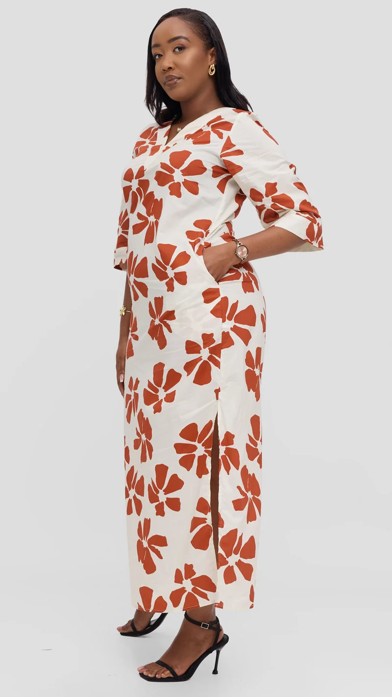 Vivo Lulu 3/4 Sleeve Maxi Dress in Cotton - Cream / Dark Rust Print