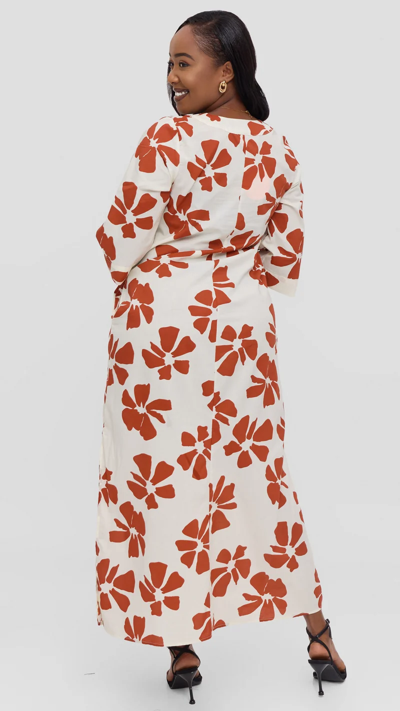 Vivo Lulu 3/4 Sleeve Maxi Dress in Cotton - Cream / Dark Rust Print