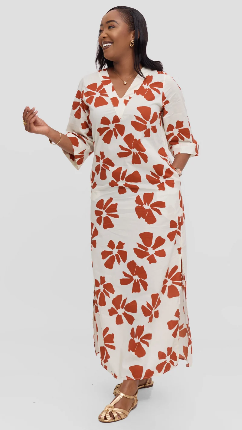 Vivo Lulu 3/4 Sleeve Maxi Dress in Cotton - Cream / Dark Rust Print