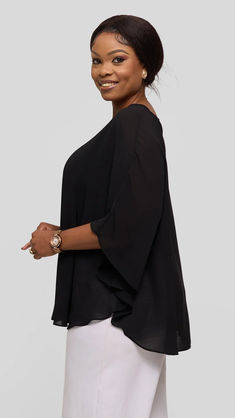 Vivo Sakari Circular Loose Top in Textured Chiffon - Black