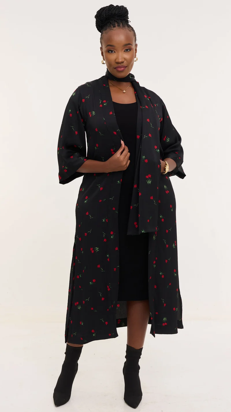 Vivo Samira Maxi Kimono - Black / Red Print