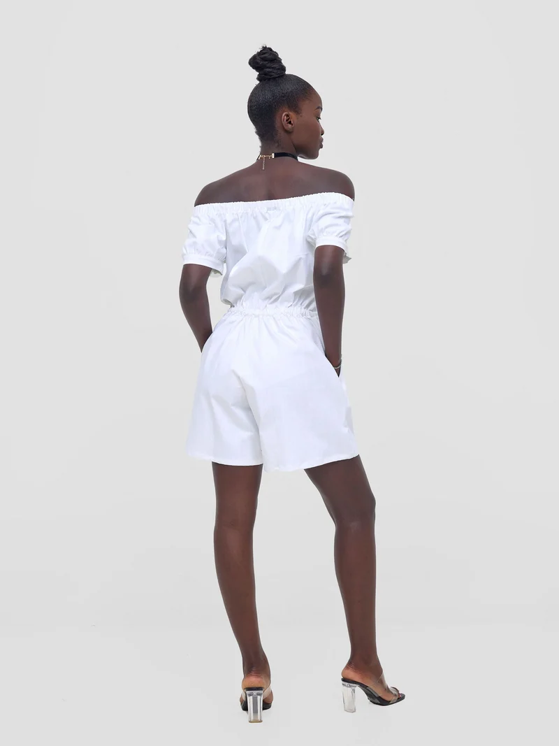 Zoya Nia Puff Sleeve Off Shoulder Romper - White
