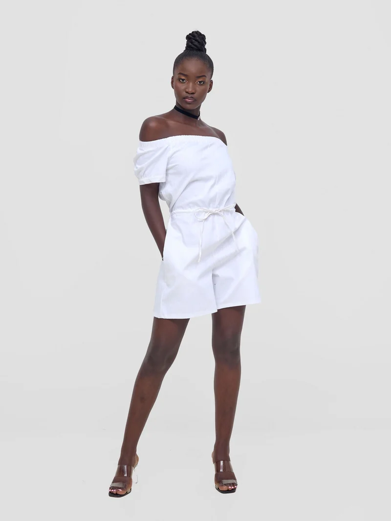 Zoya Nia Puff Sleeve Off Shoulder Romper - White