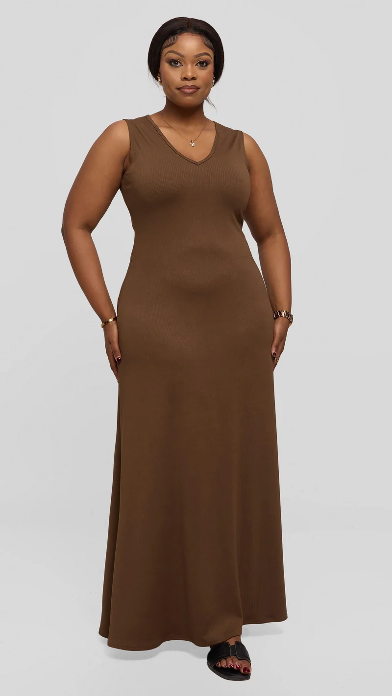 Vivo Maxi Dress in Stretch Rib - Dark Taupe
