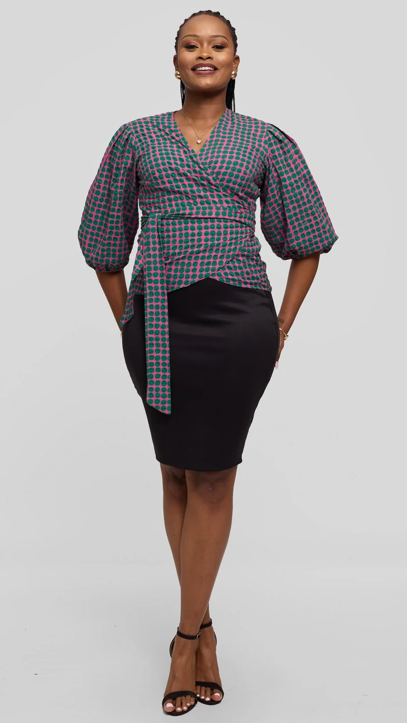 Vivo Wrap Top in Cotton - Pink / Green Print