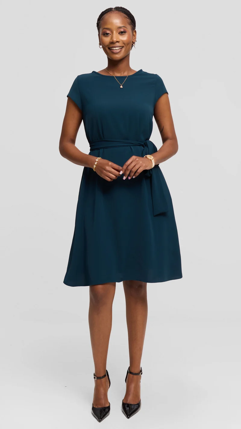 Vivo Basic Cap Sleeve Tent Knee Length Dress in Crepe - Dark Teal