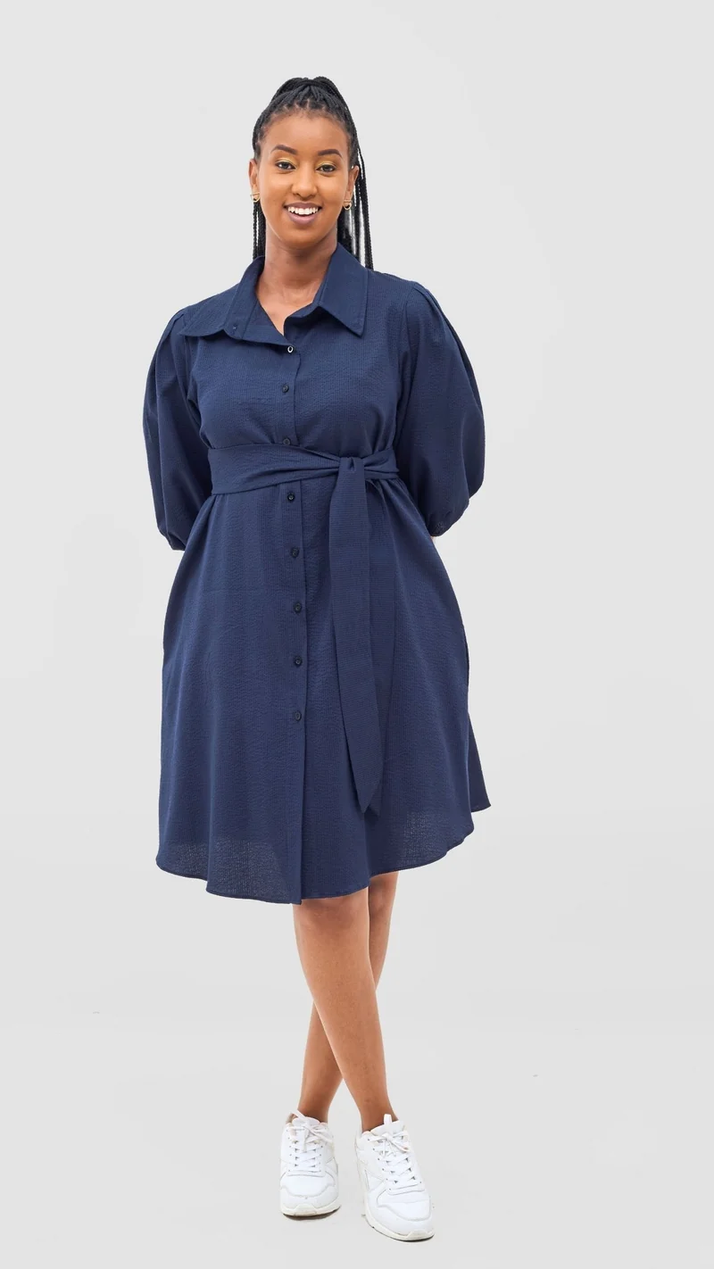 Safari by Vivo Naledi 3/4 Sleeve Tent Dress - Navy Puff Stripes