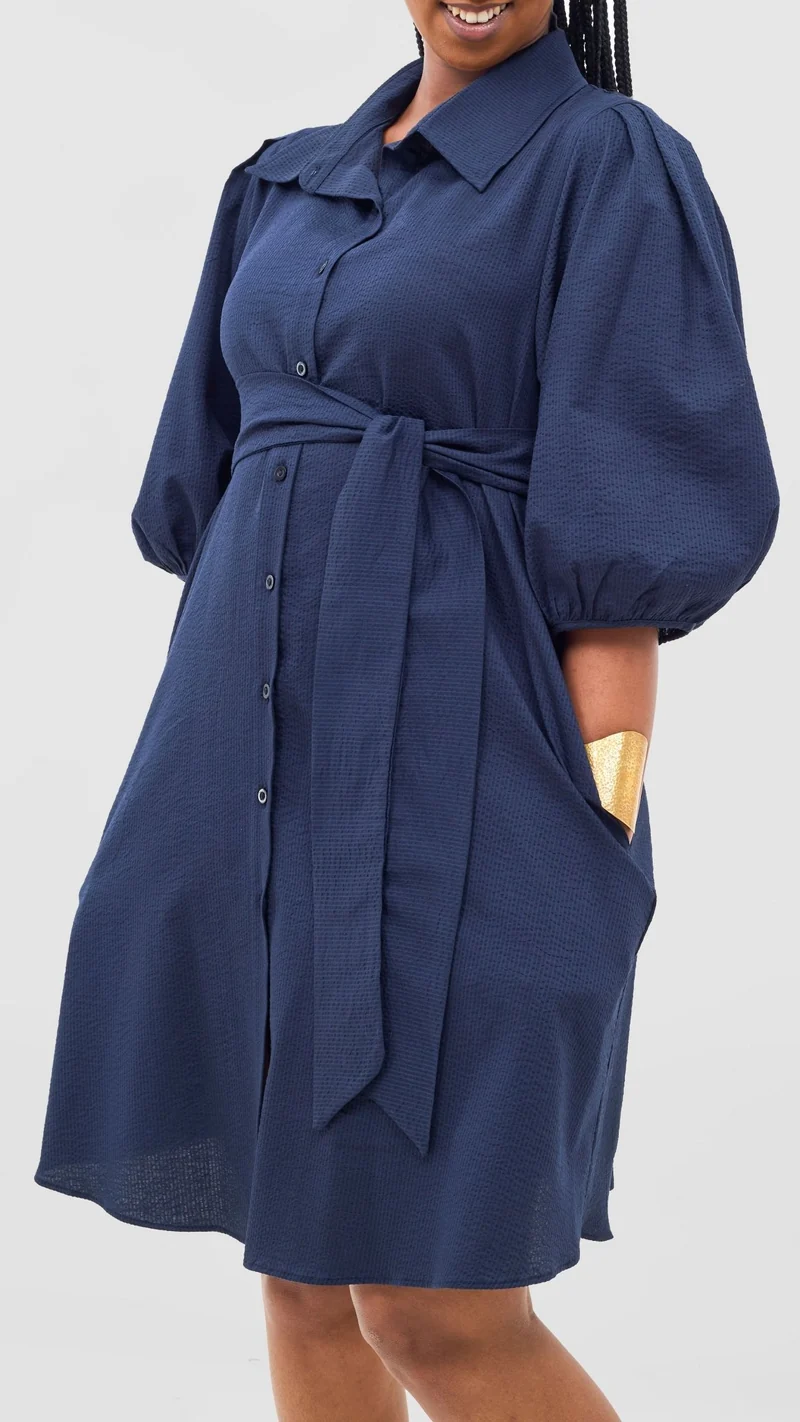 Safari by Vivo Naledi 3/4 Sleeve Tent Dress - Navy Puff Stripes