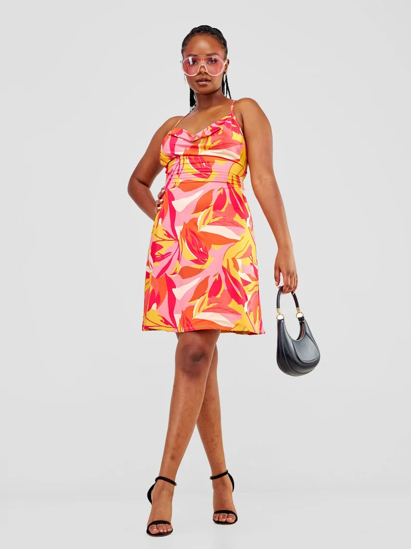 Zoya Party Cowl Bare Back Mini Dress - Taupe / Pink Waridi Print