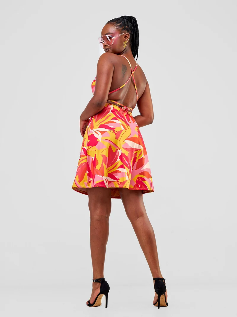 Zoya Party Cowl Bare Back Mini Dress - Taupe / Pink Waridi Print