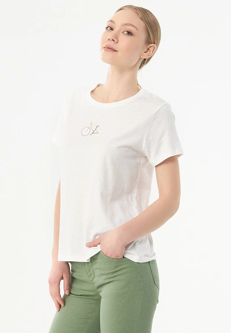 T-Shirt aus Bio-Baumwolle mit Fahrrad-Stickerei