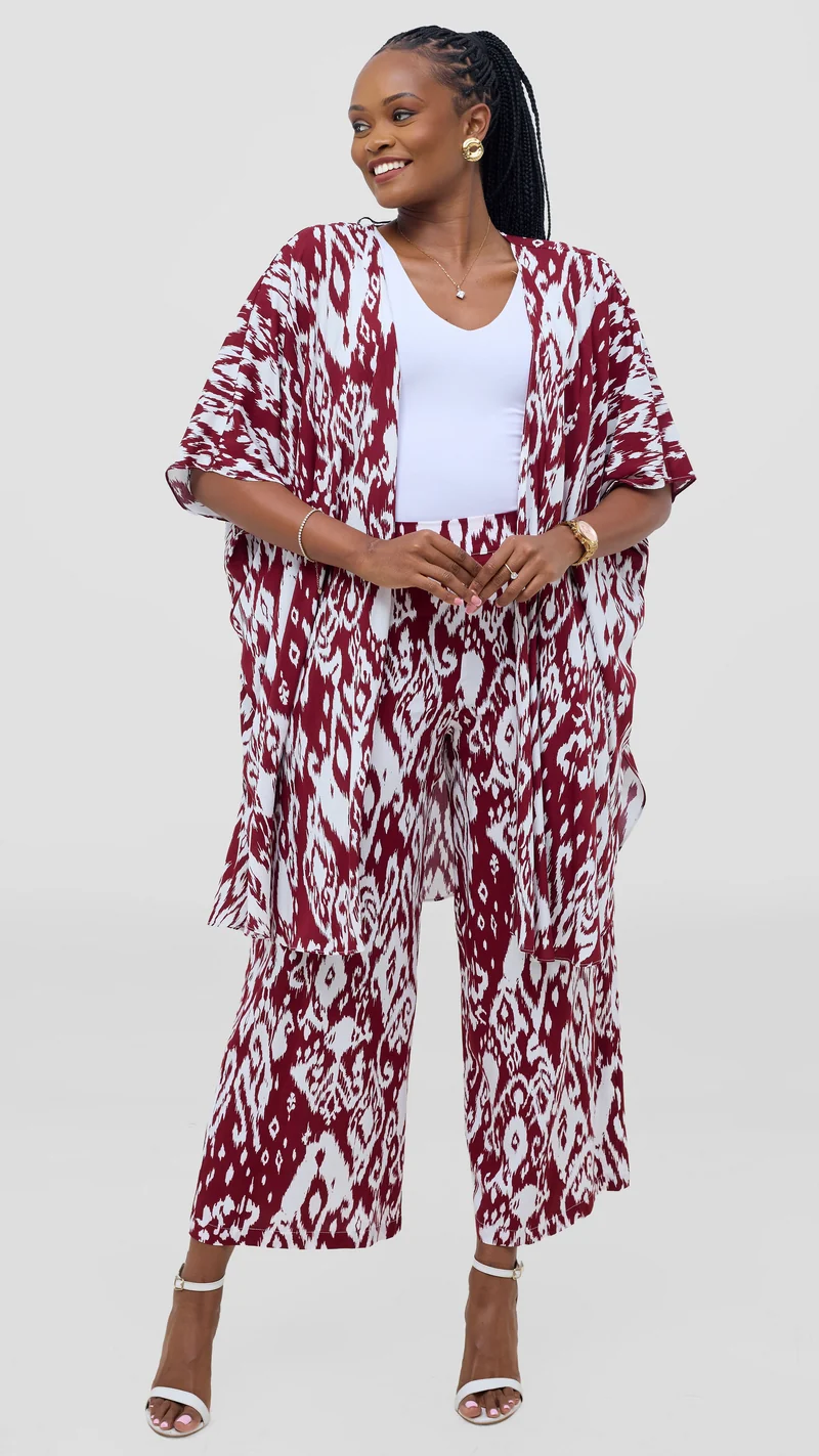 Vivo Samira Wide Kimono - Maroon / White Print