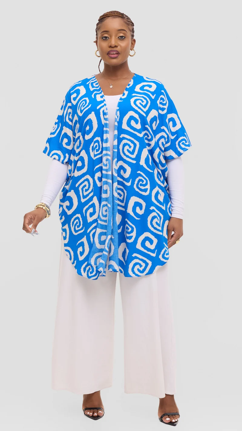 Vivo Samira Wide Kimono in Rayon - Blue / White Spiral Print