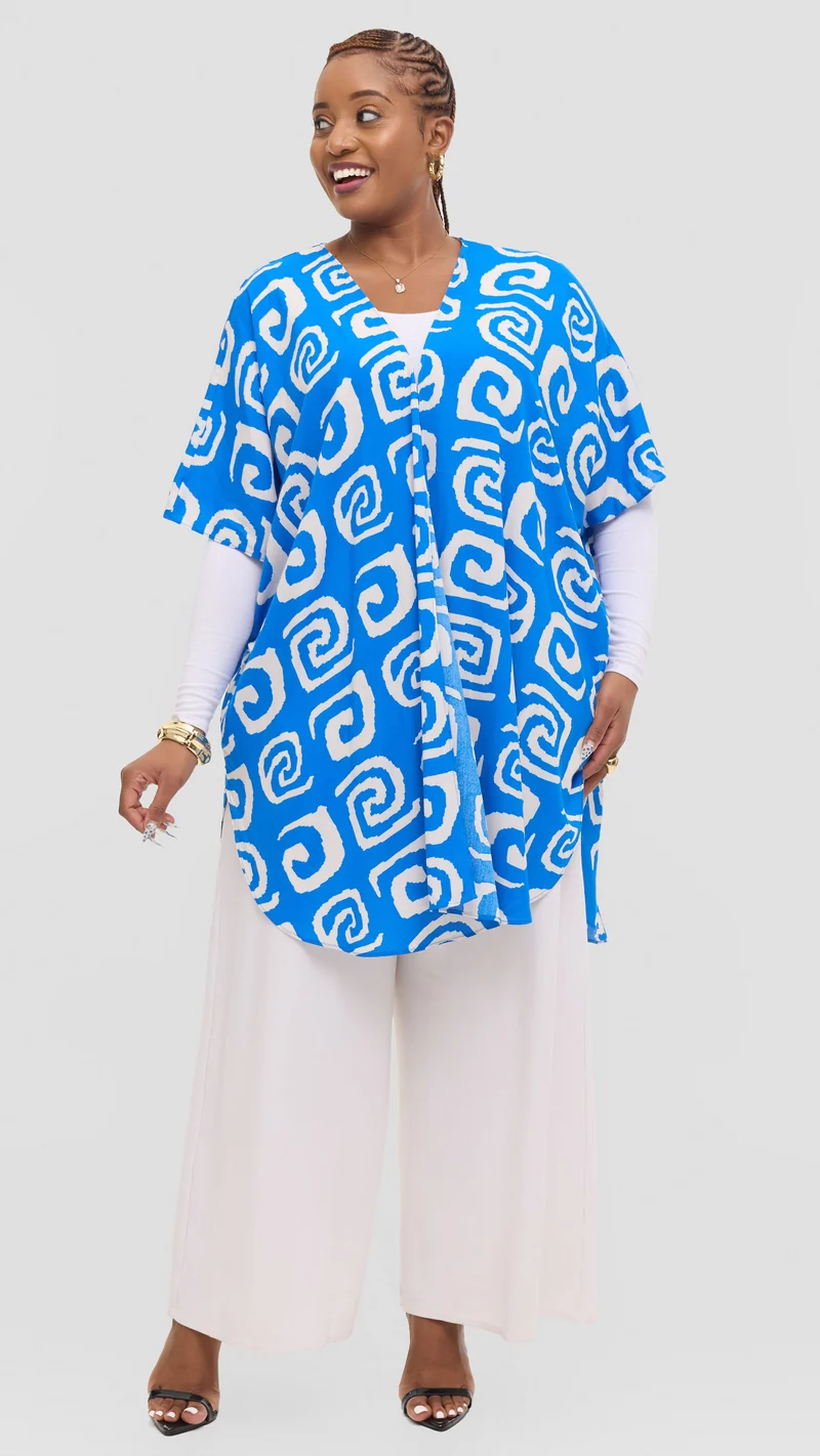 Vivo Samira Wide Kimono in Rayon - Blue / White Spiral Print