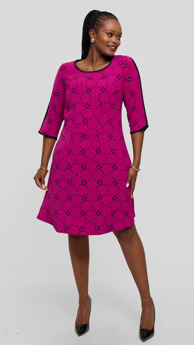 Vivo Pendo 3/4 Sleeve A Line Dress in Twill - Fuschia / Black Talo Print
