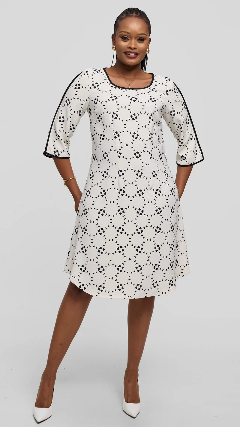 Vivo Pendo 3/4 Sleeve A Line Dress in Twill - Off White / Black Talo Print