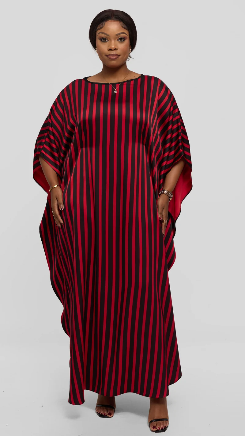 Vivo Amai Round Neck Maxi Kaftan in Satin - Red / Black Stripes