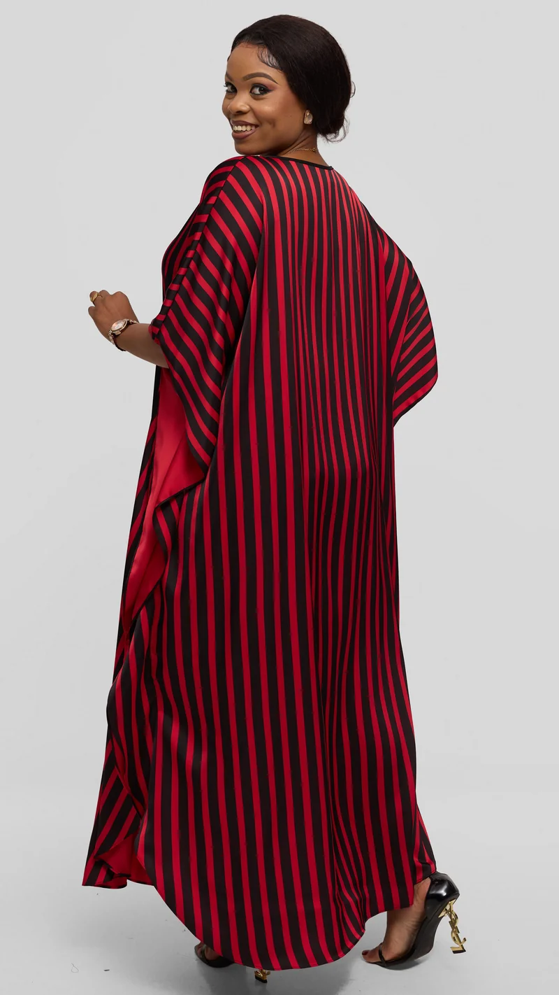Vivo Amai Round Neck Maxi Kaftan in Satin - Red / Black Stripes