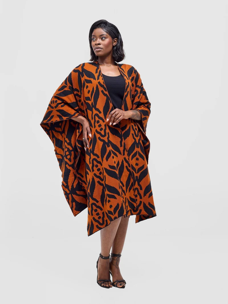 Vivo Reversible Poncho without Fringes - Black / Rust Ukwi Print