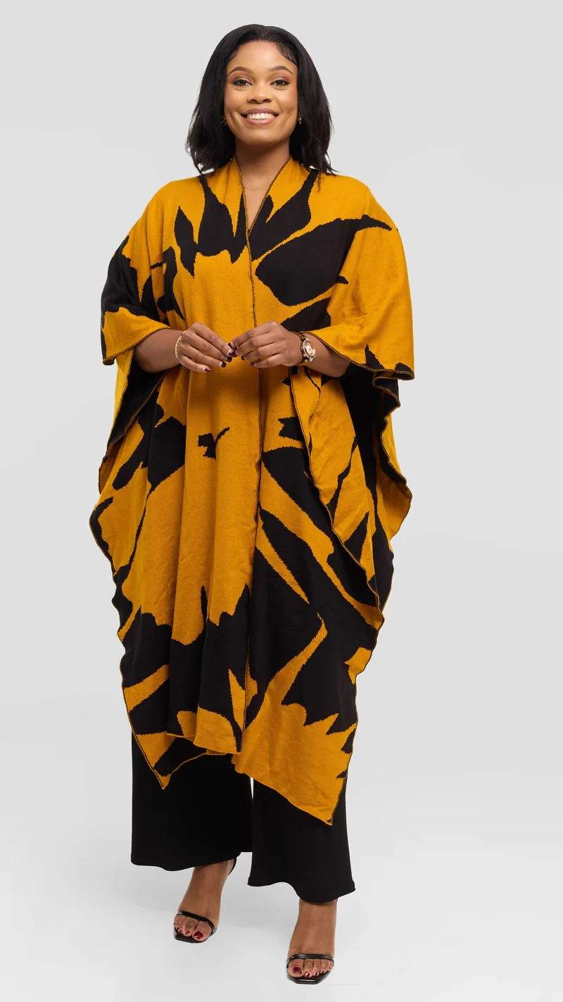 Vivo Reversible Poncho without Fringes - Mustard / Black Pepeo Print