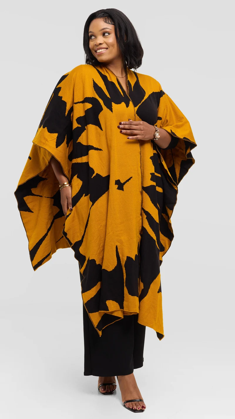 Vivo Reversible Poncho without Fringes - Mustard / Black Pepeo Print